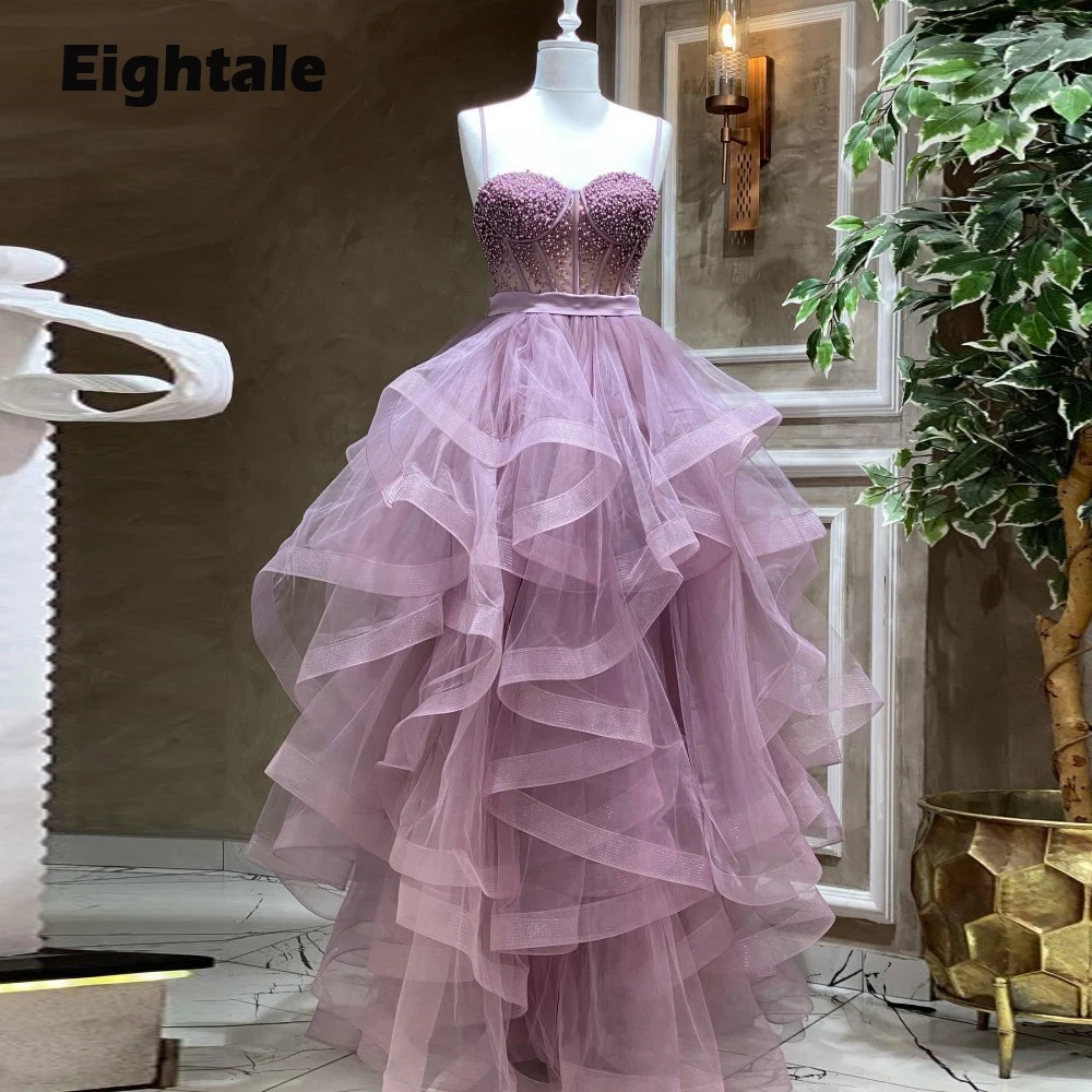 Eightale Dusty Pink Prom Dresses Sweetheart Customized Tiered Tulle Beaded with Pearls Evening Gown Party Dress