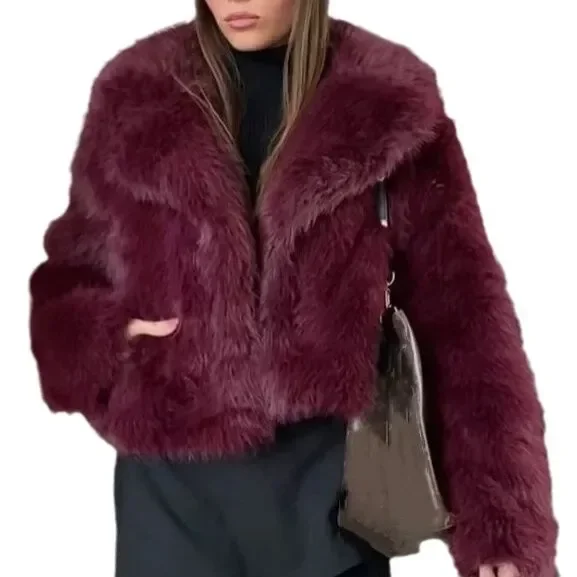 

Autumn Winter Short Wine Red Color Fur Coat Long Sleeve Collar Flip Eco Friendly Outerwear Women's Fashion Trend Cross Border