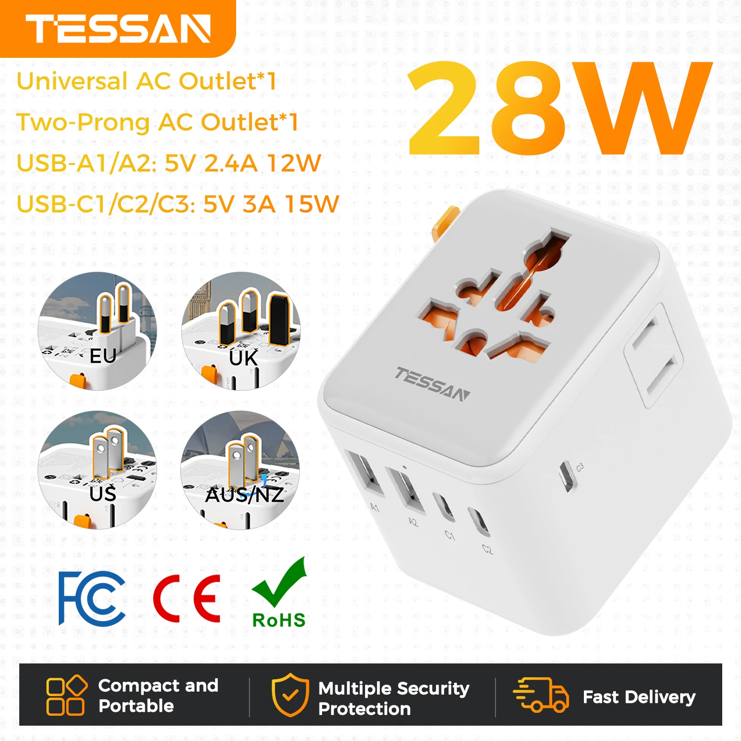 TESSAN 65W GaN universele reisadapter met USB-A+Type-C, alles-in-één 20W/28W adapter, snelladen, EU, UK, USA, AUS stekker voor reizen