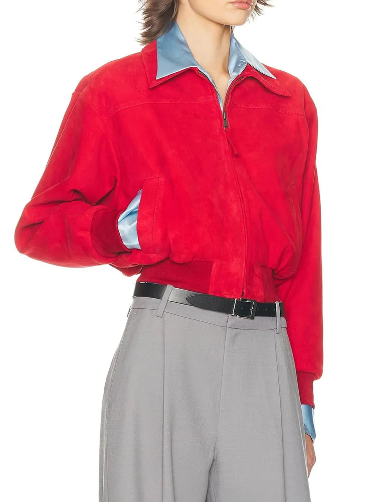 

Красная короткая куртка в американском стиле ретро для женщин, новинка 2025, уличная повседневная и универсальная трендовая куртка пилота со свободными лацканами