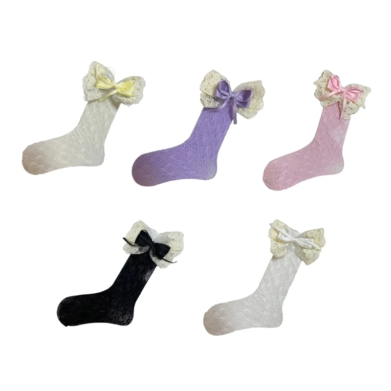 

Womens Knee Length Sock Ribbon Bows Tie Stocking Hollows Lacy Bows Tie Long Fishnet Mesh Ballet Style Sock for Summer