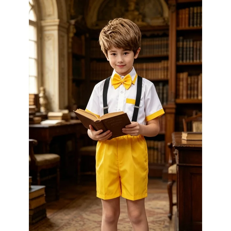 New Performance Outfit Suspender Shorts Set Yellow Pink Short Sleeve Costume for Stage Show Holiday Party Stage Performance Wear