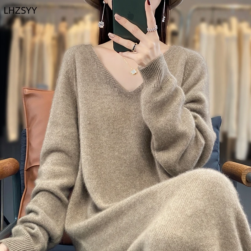 Lhzsyy 100% reines Woll kleid Frauen V-Ausschnitt mittellanges Oberteil loser großer Pullover lang ärmel iger warmer Pullover lässiger Strick langer Rock