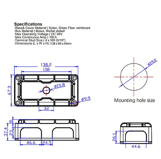 300A 48V DC Marine Insulated Junction Post  Power Distribution Bus Bar Terminal Block Box for Automotive