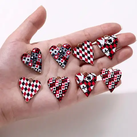5pcs Creative Heart Playing Card Designs Enamel Charms Cartoon Cute Dark Style Pendants For DIY Necklace Making Accessories