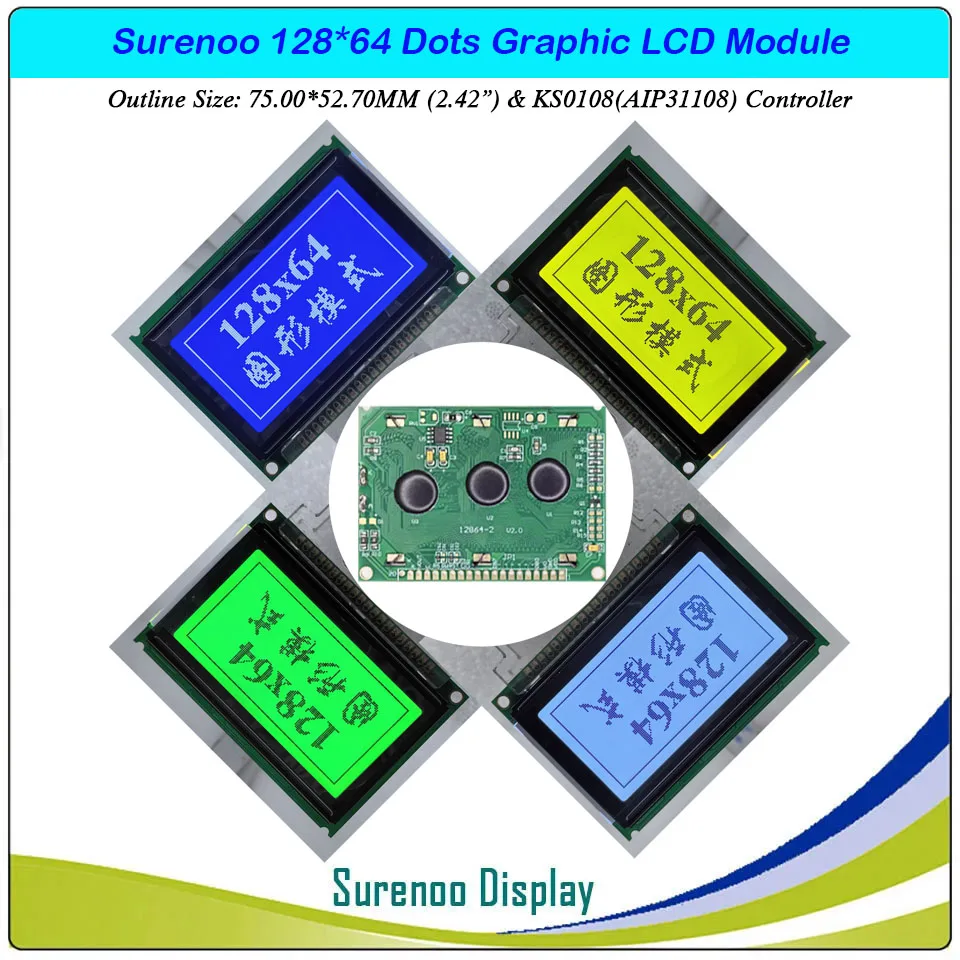 

2.42" 75.0X52.7MM 12864 128*64 Graphic Matrix LCD Module Display Screen LCM build-in KS0108 Controller 4 Colors for Selection