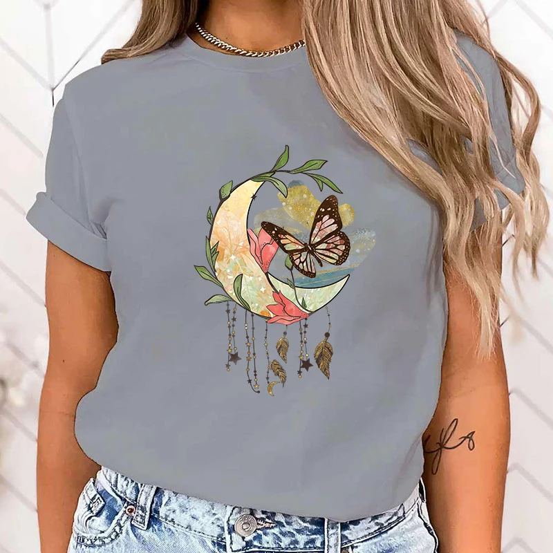 (Premium T-shirt)Fashion Butterfly Dreamcatcher Print T-Shrits For Women Summer Short Sleeve Round Neck Cute Loose T-Shirt tops