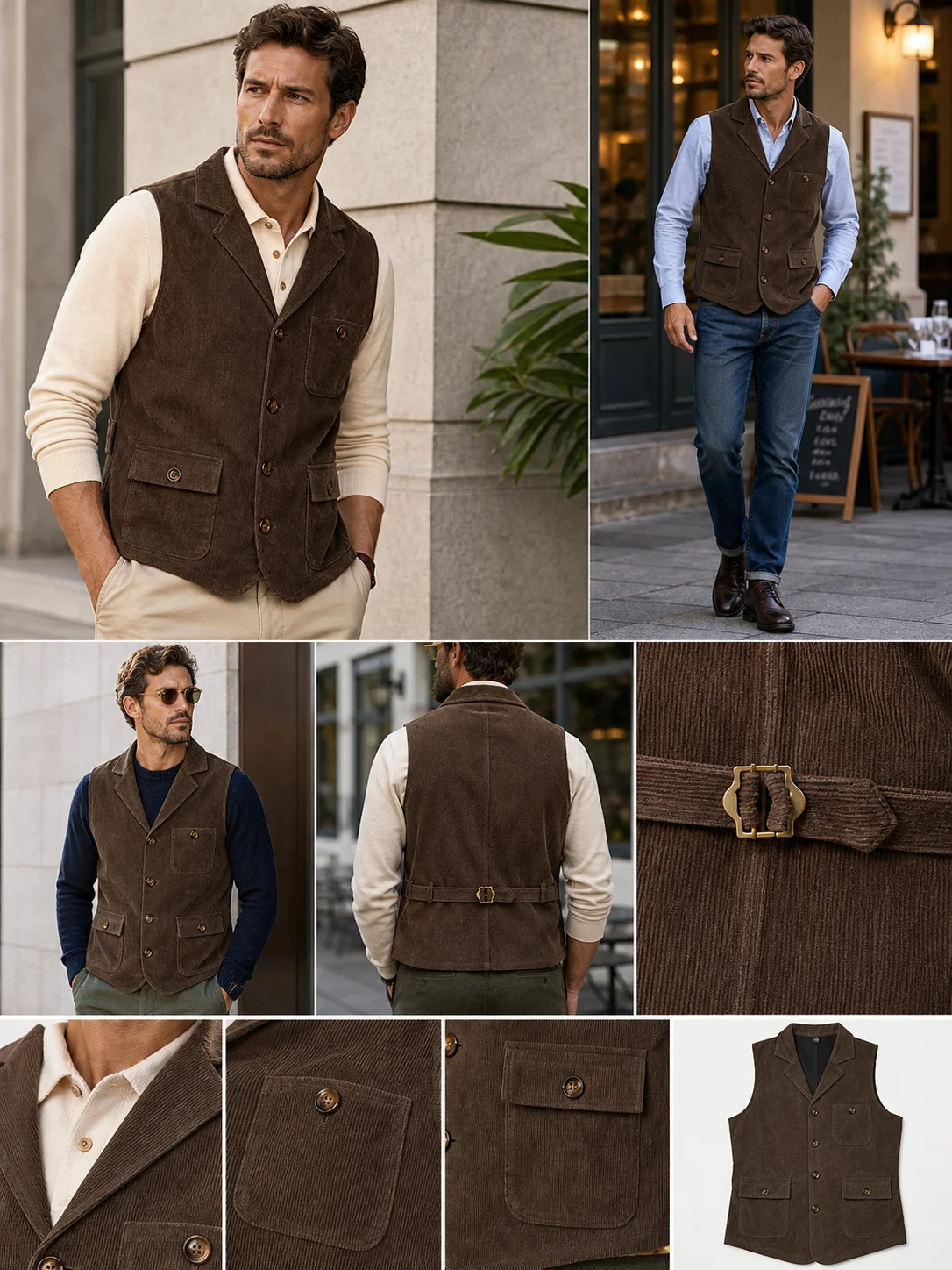 Herren Vintage Cord-Anzugweste mit Revers, Verstellbarem Rückengurt, Ärmellos, Business-Casual-Gilet mit Mehreren Taschen – Detail 3