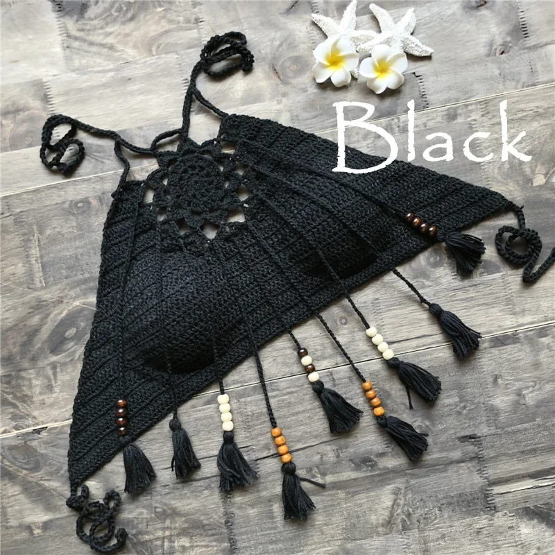 Boho Beach Crochet Halter Top mujeres Push Up borla Bikini Top tejido Crop Top verano traje de baño cubrir