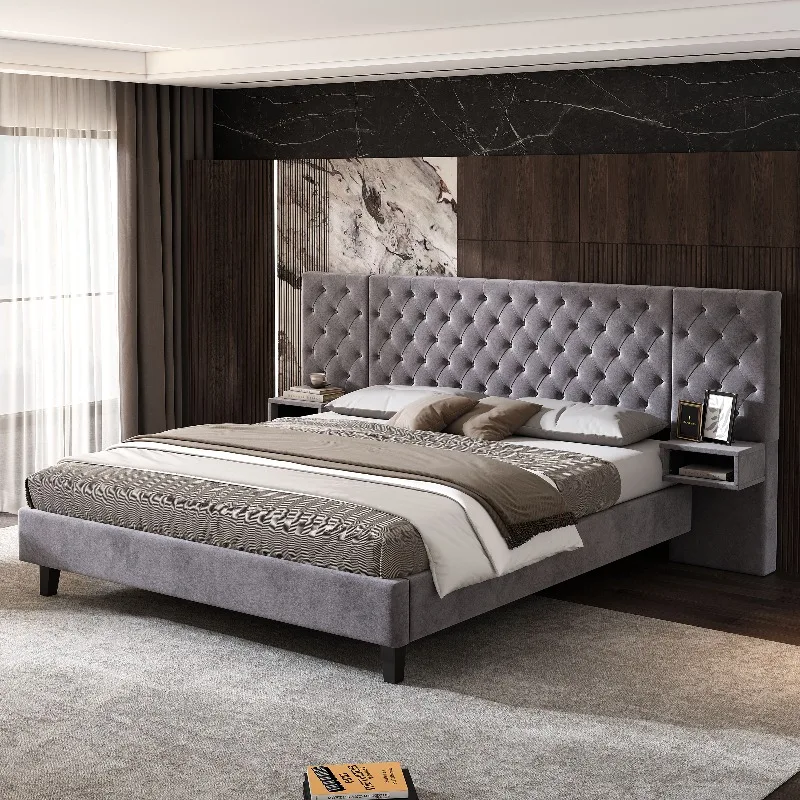 #Modern Luxury Tufted King Size Bed Adjustable Storage Drawers Bedroom Furniture Bedding Set Living Room Wooden