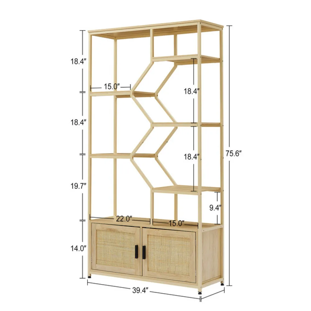 Estantería de ratán, estantería de almacenamiento de 7 capas con gabinete para sala de estar, estantería de oficina en casa