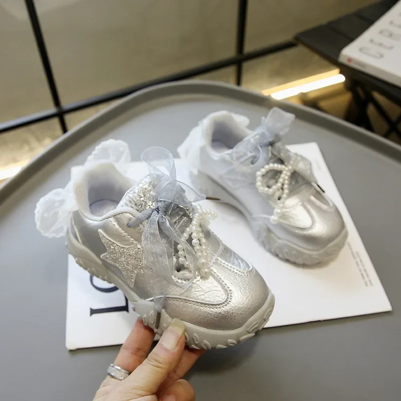 Spring Autumn 2026 Girls Fashion Solid Casual Shoes Leather Mesh Bow Pearl Decor Waterproof Thick Sole Princess Sneakers