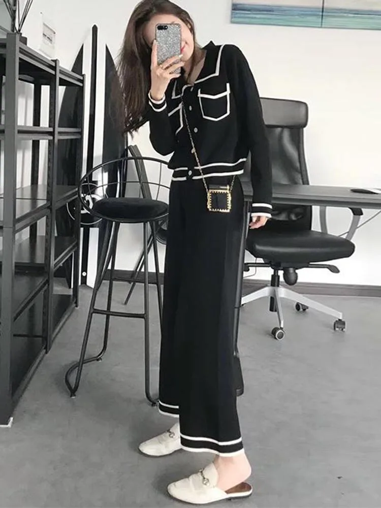 Women Knit 2 Pieces Sets Korean Single Breasted Short Knitwear Cardigan Tops Conjuntos High Waist Ankle Length Pants Tracksuit