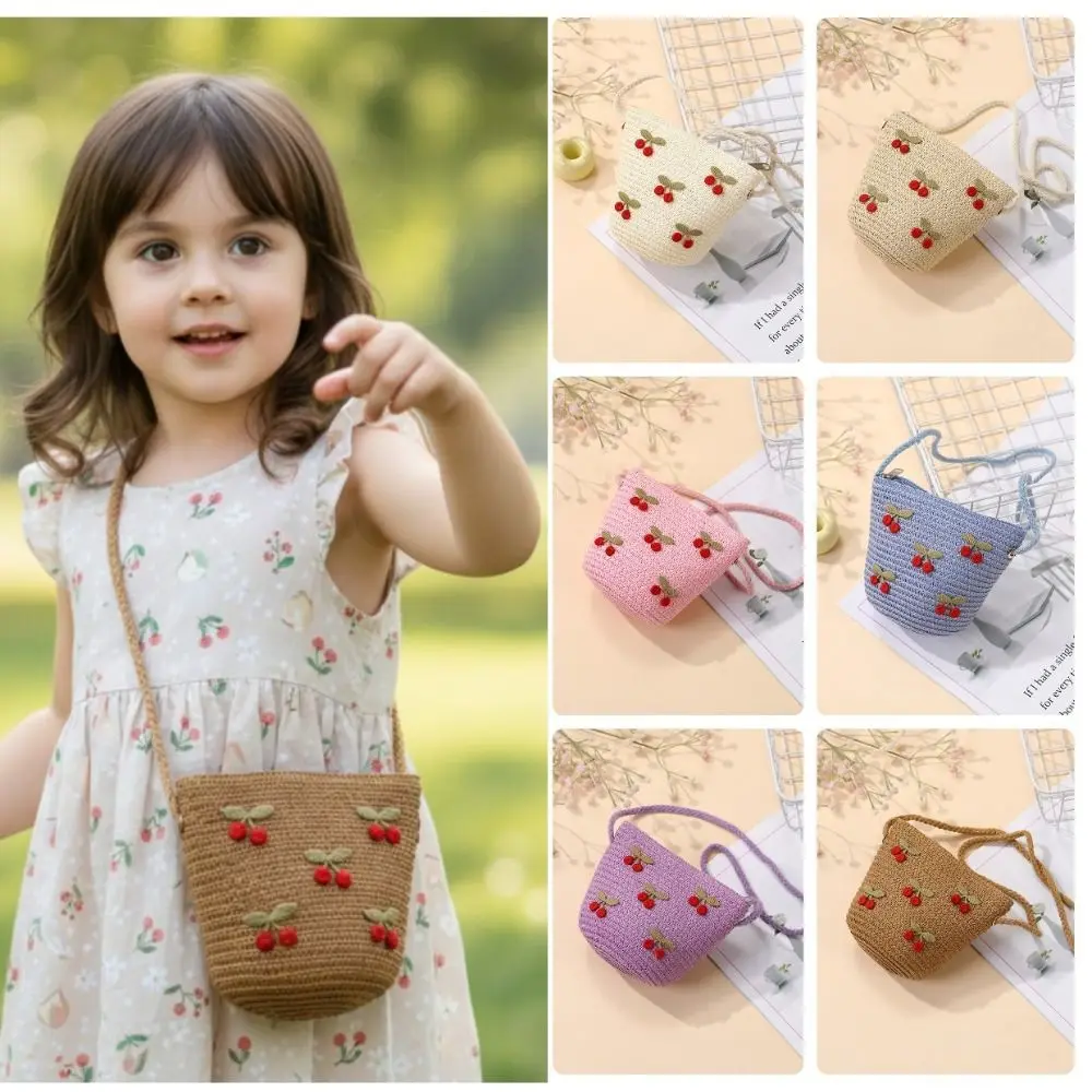 Niedliche rote Kirschen Kinder-Strohtasche mit Reißverschluss, Foto-Requisiten, Umhängetaschen, Mädchen-Schultertaschen, Strandtaschen
