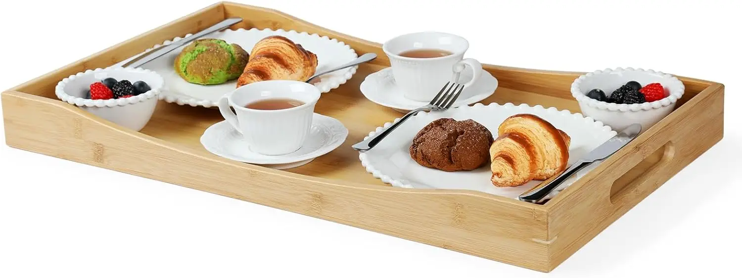 

Extra Large Bamboo Ottoman Tray 26x15 Inches Wooden Serving Tray with Handles for Dining Table Parties Cheese Snacks Tea Coffee Wine