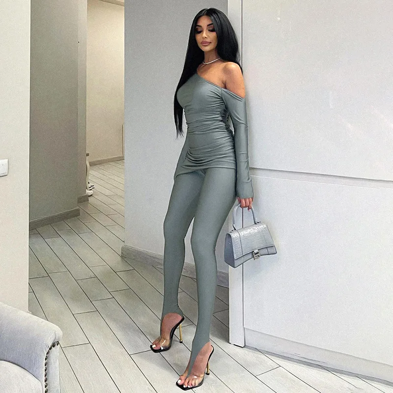 Glossy Solid Color Basic Slanted Collar Long Sleeved Irregular T-shirt+high Waisted And Small Leg Leggings TighT Two-piece Set