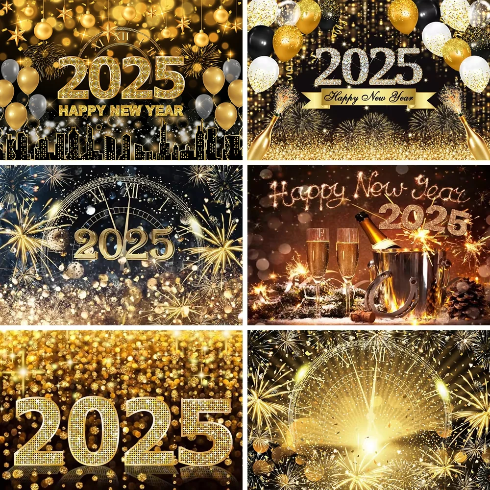 2025 Happy New Year Party Backdrop Fireworks Clocks Champagne Gold Balloons Home Party Banner Decoration Photography Backgrounds