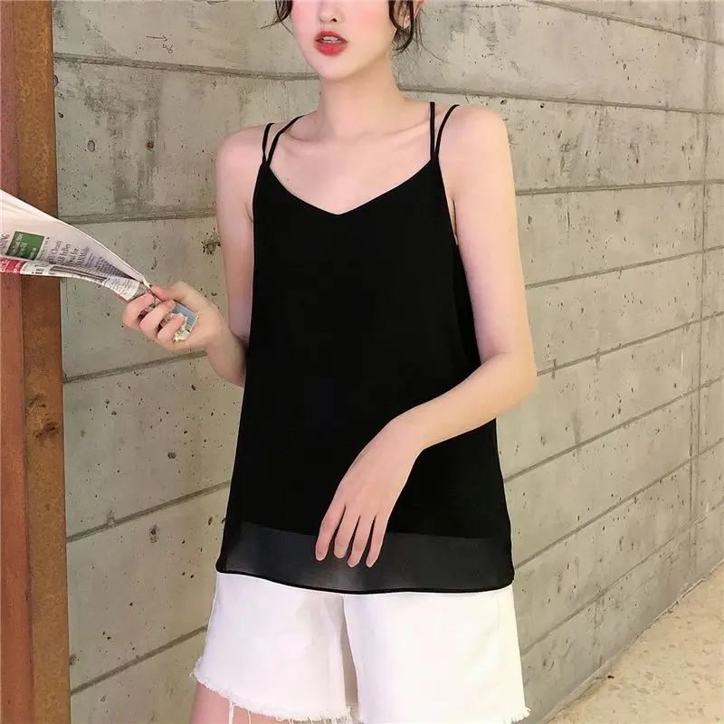 Welfare Special Hanging Vest Women\'s New Summer Wear Loose and Thin V-neck Cross Inside The Backless Chiffon Double-layer Blouse