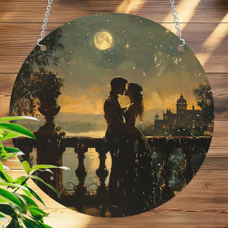 Acrylic Round Catcher Pendant - Couple Silhouette with Moon Theme, Elegant Home and Porch Decor, for Weddings, Birthdays, Etc