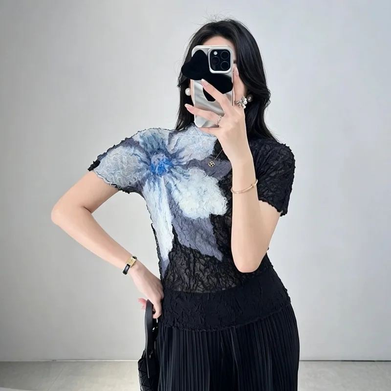 Miyake Pleated Short Sleeve New Original 2026 Women's Casual Fashion Top Stand Collar Thin Printed Slim Fit Versatile T-Shirt