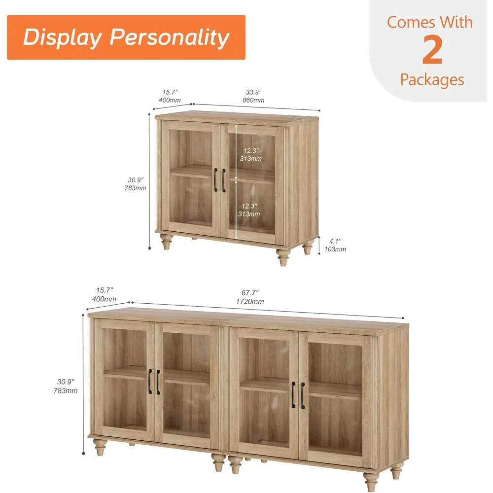 Credenza Buffet con anta in vetro 4, tavolini da caffè in legno con ripiano regolabile, credenza multiuso 2 in 1, armadietto