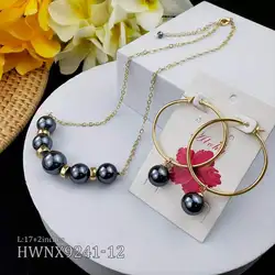 Simple and Elegant Five Round Black Tahitian 12MM Pearl Floater Necklace Hawaiian Hamilton Huggie Earring Jewelry Sets for Women