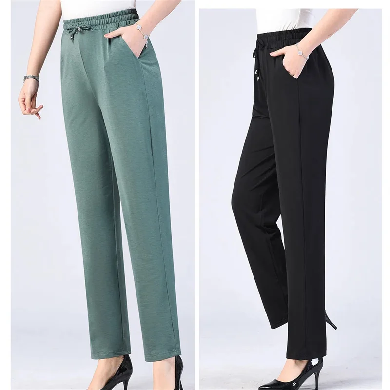 Summer New Thin Ice Silk Pants Women's Middle-Aged Elderly Trousers Loose Elastic Casual Pants Female Quick-Drying Pants Ladies