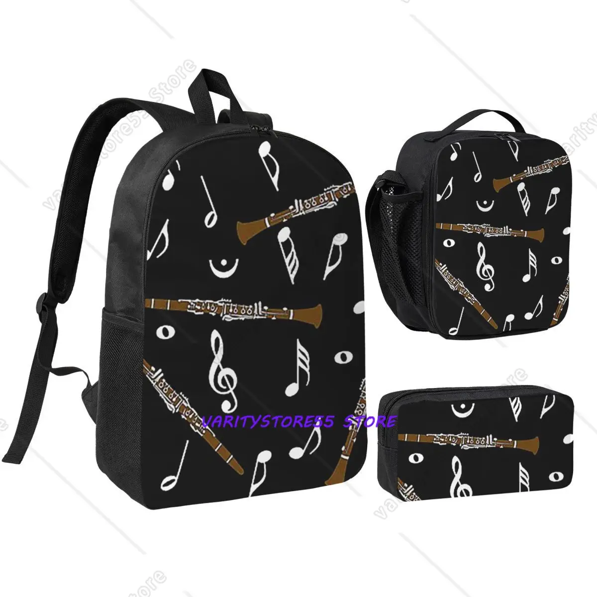 

Clarinet Music Note Pattern Backpack Student BookBag School Bag Shoulder Bags 3ps Insulated Lunch Bag Pencil Case