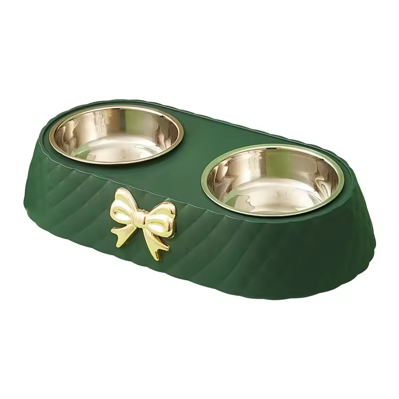 1PC Pet Dog Food Bowls Bowtie Dog Food Drinking Double Bowl Pet Supplies