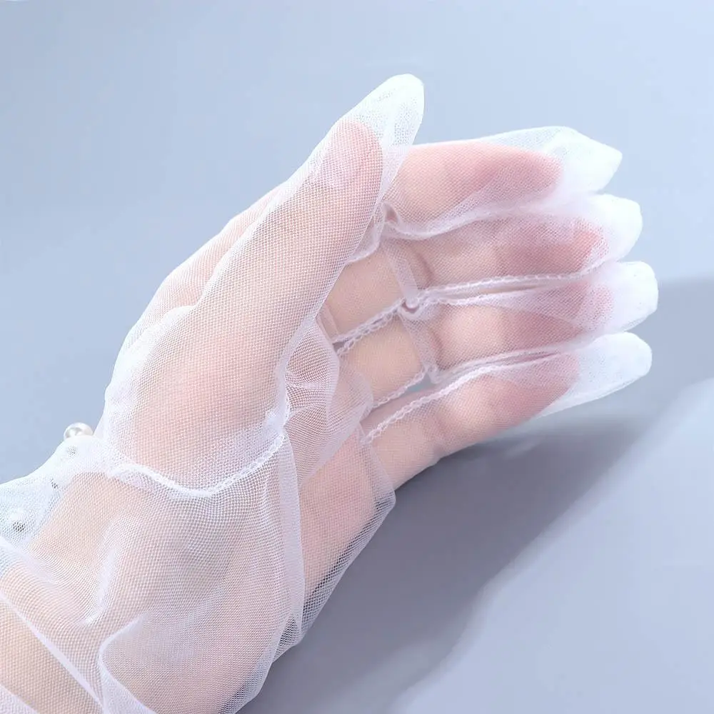 Elegant Women Lace Chiffon Pearl Bridal Gloves Wedding Accessories Fingerless Gloves Full Finger Gloves