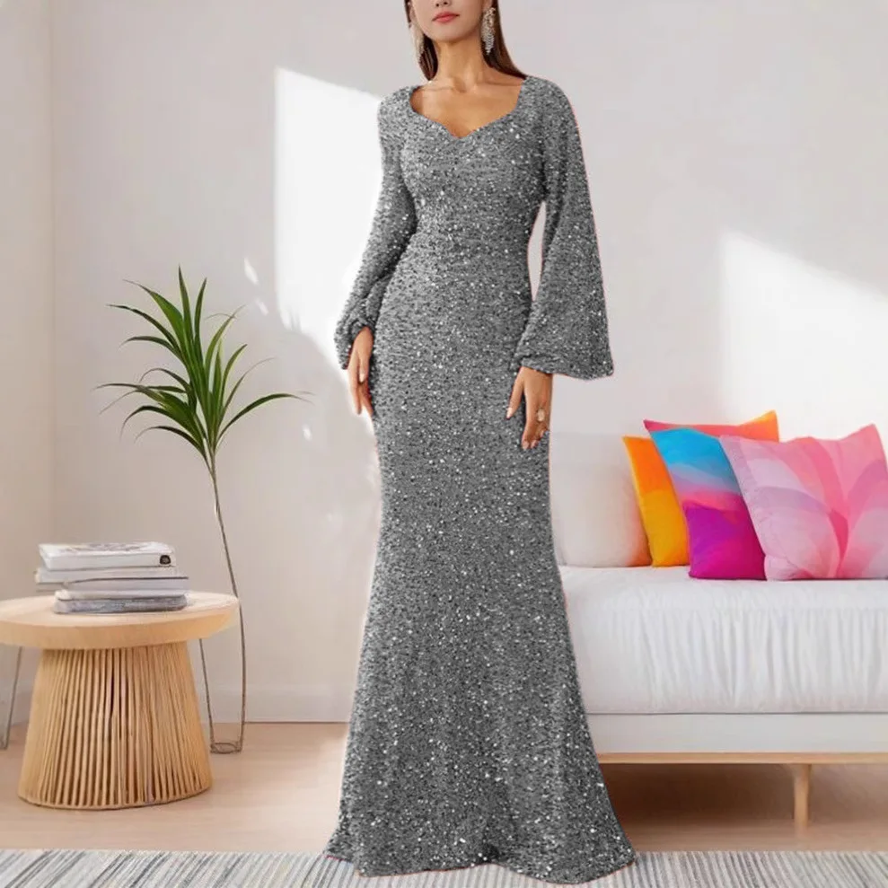 2025 New Fashion V-Neck Bodycon Sequin European and American Style Midi Dress with Flared Sleeves Long Evening Gown