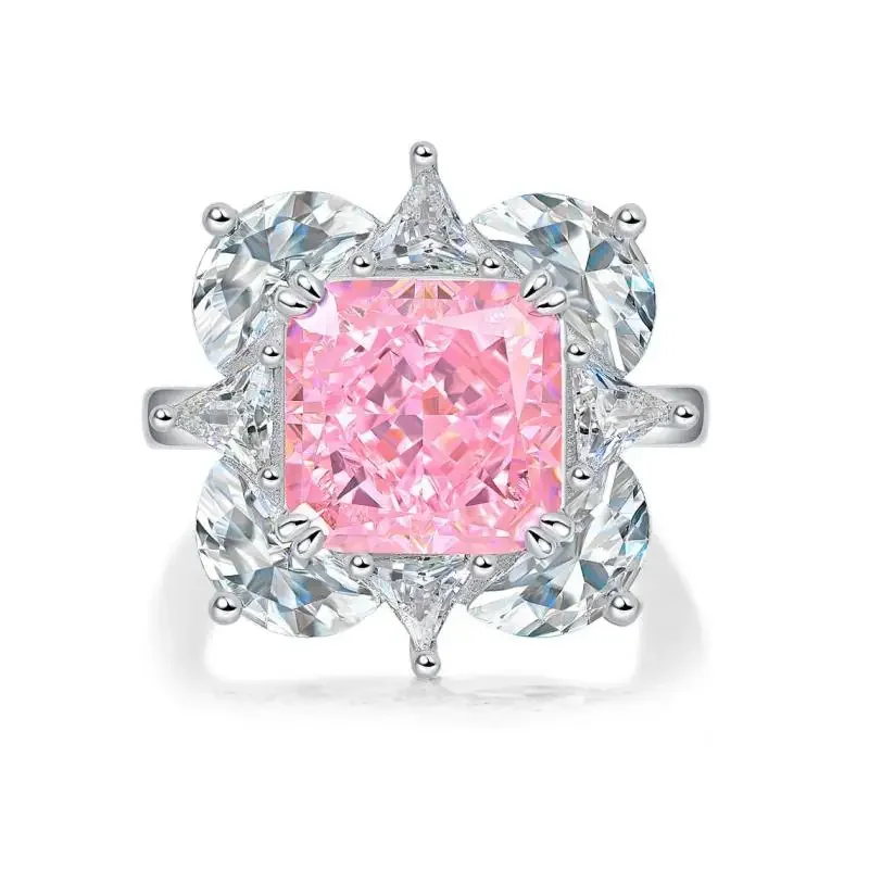 Pirmiana Elegant S925 Silver Hot Pink Radiant   Zirconia Ring Hight Carbon Diamond   Crushed Ice Cuttingfor Valentine's Day