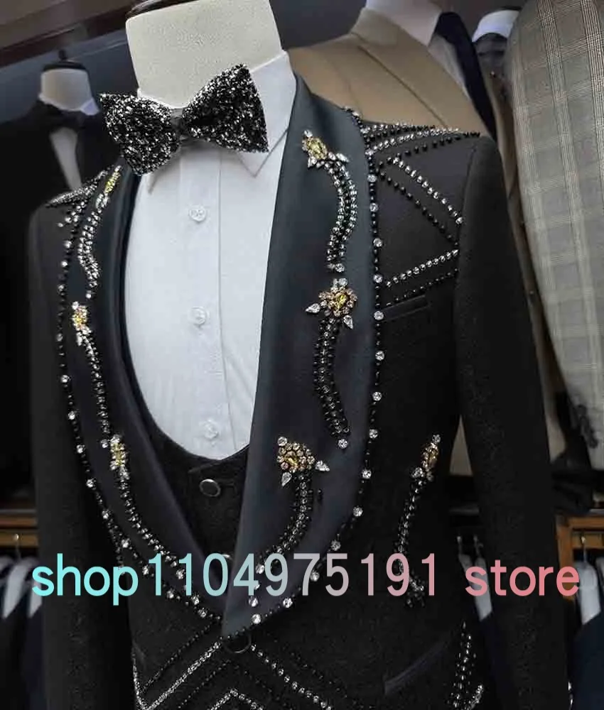 Luxury Crystal Beading 3-piece Men's Suit (Blazer+Vest+Pants ) Temperament Men's Stage Costume Wedding Party Dress prom dresses