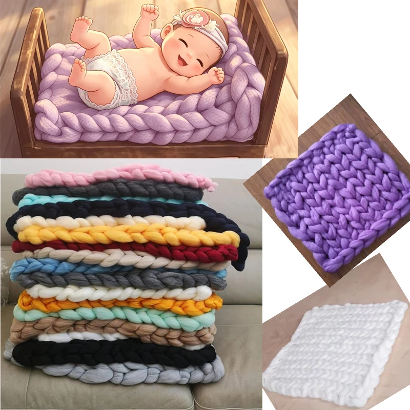 Newborn Photography Props Merino Wool Knitted Braid Blanket for Baby Photo Shoot Background Basket Stuffer Bump Wrap 50x50CM