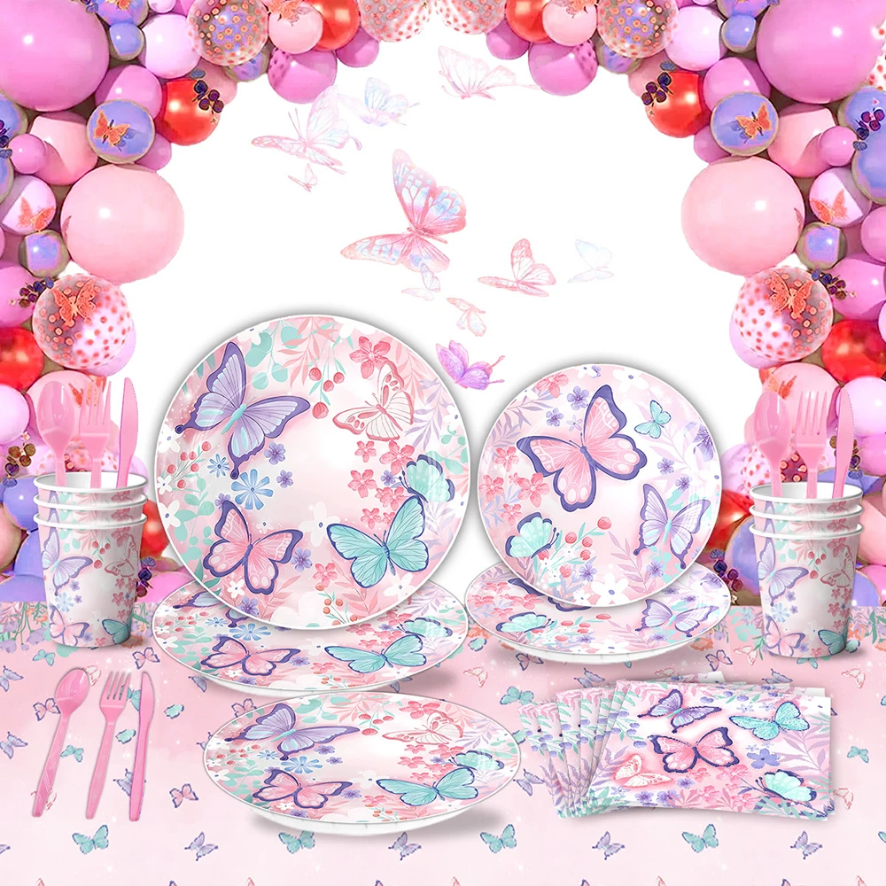 Rosa Schmetterling Einweggeschirr Set Pappteller Tasse Serviette für Mädchen Geburtstag Babyparty Frühlingsthema Party Dekor