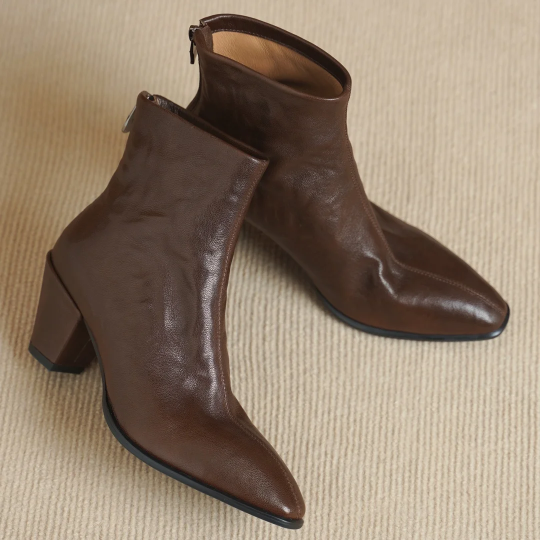 

Women's pleated sheepskin round toe back zip autumn ankle boots elegant ladies OL style 6cm thick med heel daily slim short boot