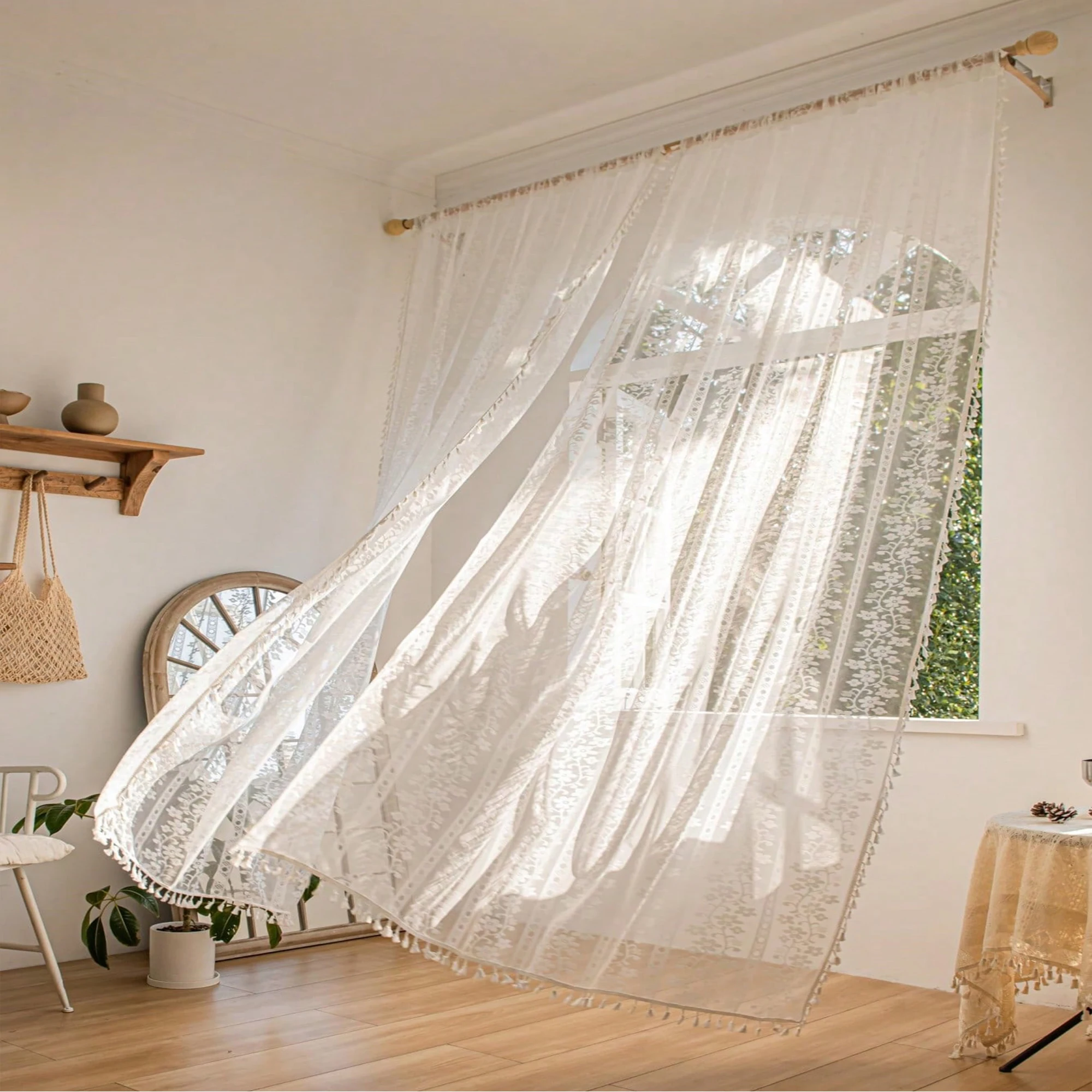 

1pc Elegant White Lace Sheer Curtain, for Living Room, Bedroom, Light Filtering，Breathable,Lightweight And Easy To Clean