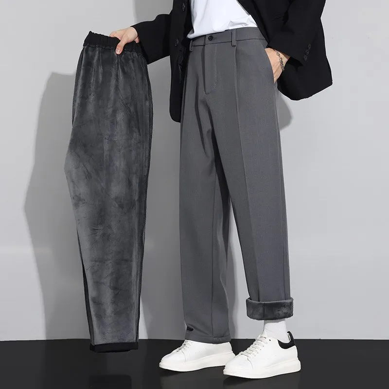 

Мужские повседневные брюки прямого кроя с флисовой подкладкой, свободные, широкие, для осени и зимы, в деловом стиле