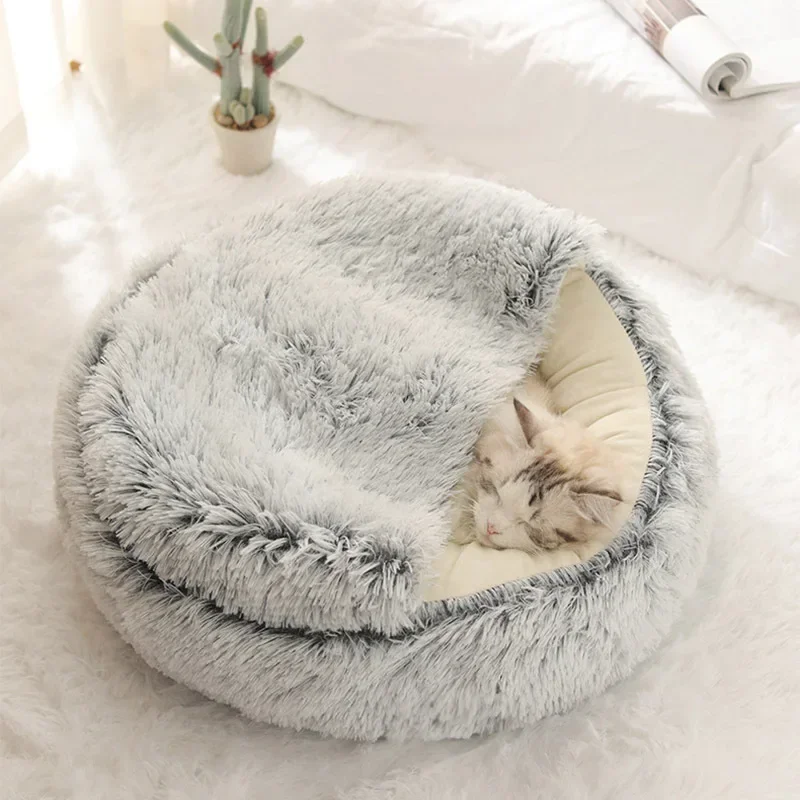 

Winter Long Plush Pet Cat Bed Round Cushion House Warm Cat Basket Sleep Bag Nest Kennel 2 In 1 For Small Dog Cat