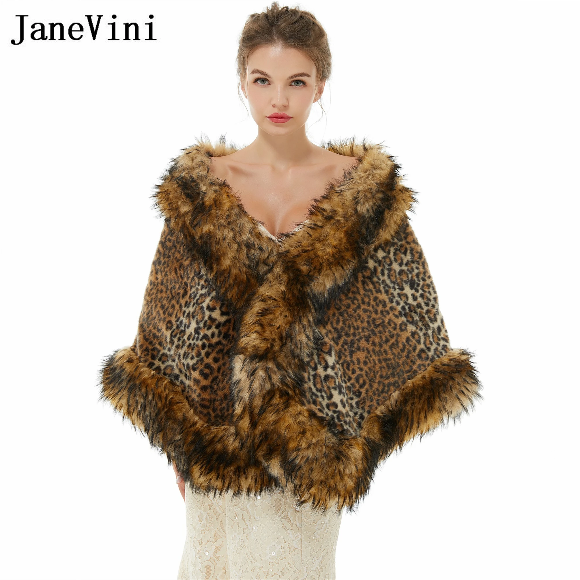 

JaneVini Sexy Leopard Printed Fur Shawl for Wedding Cape Bride Faux Fur Bolero Bridal Wraps Stole Evening Party Stoles Jackets