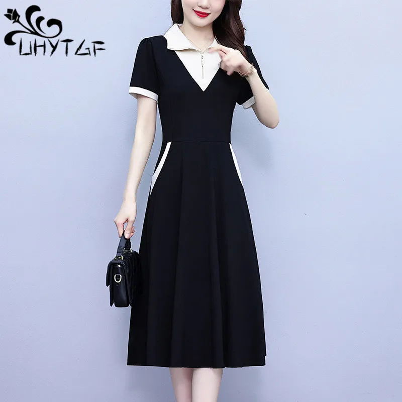 

UHYTGF Summer Dress Women's Short-Sleeved Pullover Casual Large Size Dresses Female Fashion Splice Beach Long Dress Lady 5XL 373