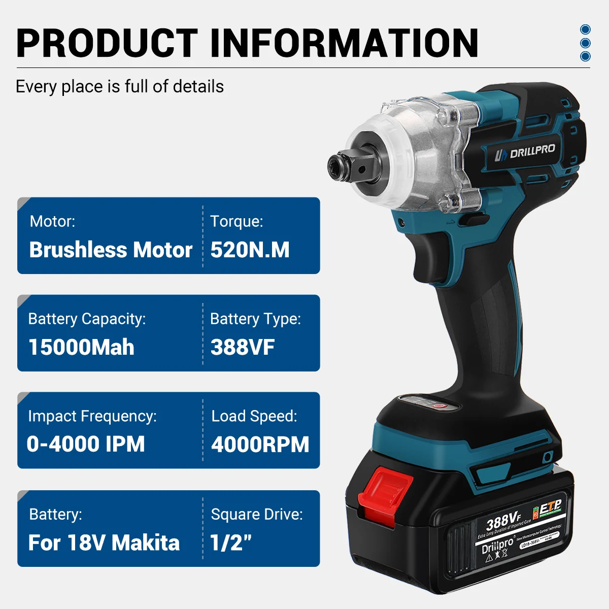 Drillpro 520N.M Brushless Electric Impact Wrench Ratchet Cordless 1/2 inch Screwdriver Power Tools for 18V Battery
