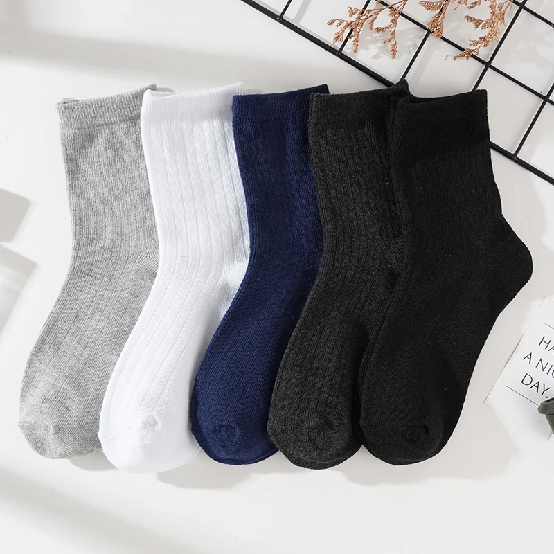 

5 Pairs Of Men's Black Cotton Business Mid Length Sock Soft And Warm Autumn/Winter Solid Color Casual Comfortable Trendy Socks