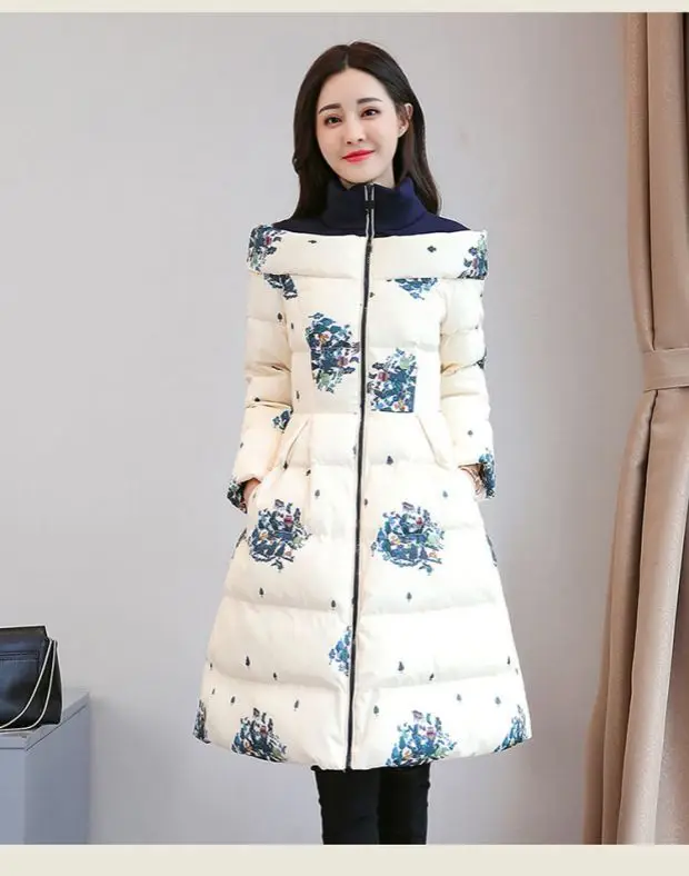 Cotton Jacket Women's Medium Long 2026 Winter New Korean Version Slim Print Thick Cotton Cloak Jacket Female Warm Parka Overcoat