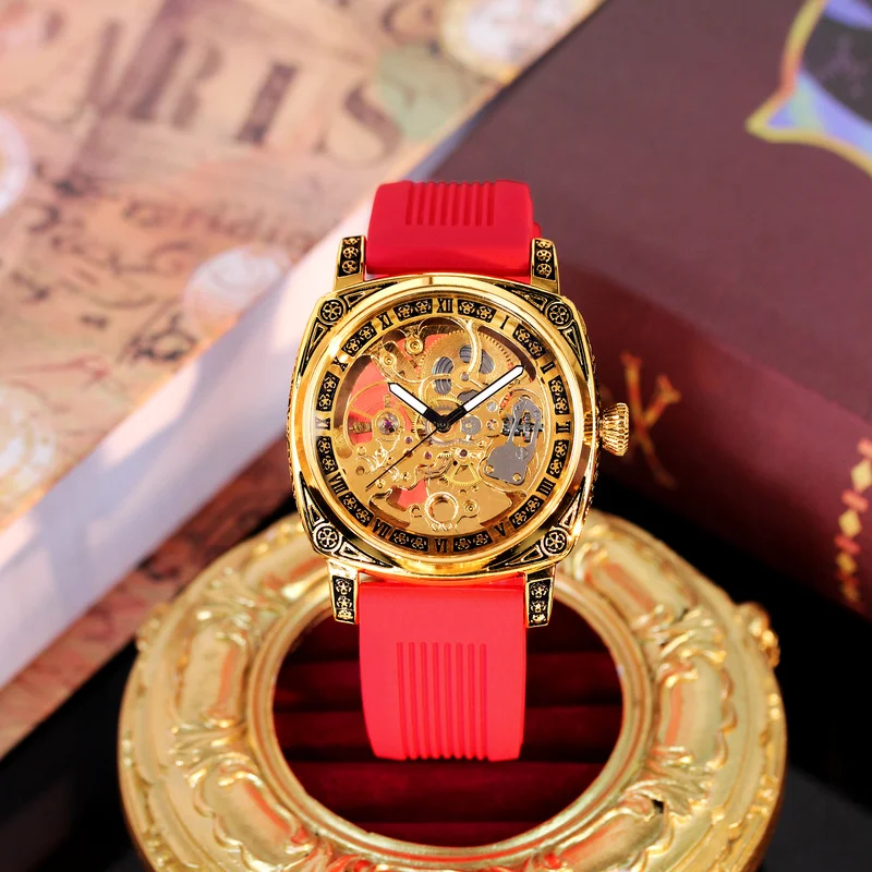 

A men's red tape elegant and stylish vintage intricately carved hollow automatic mechanical watch