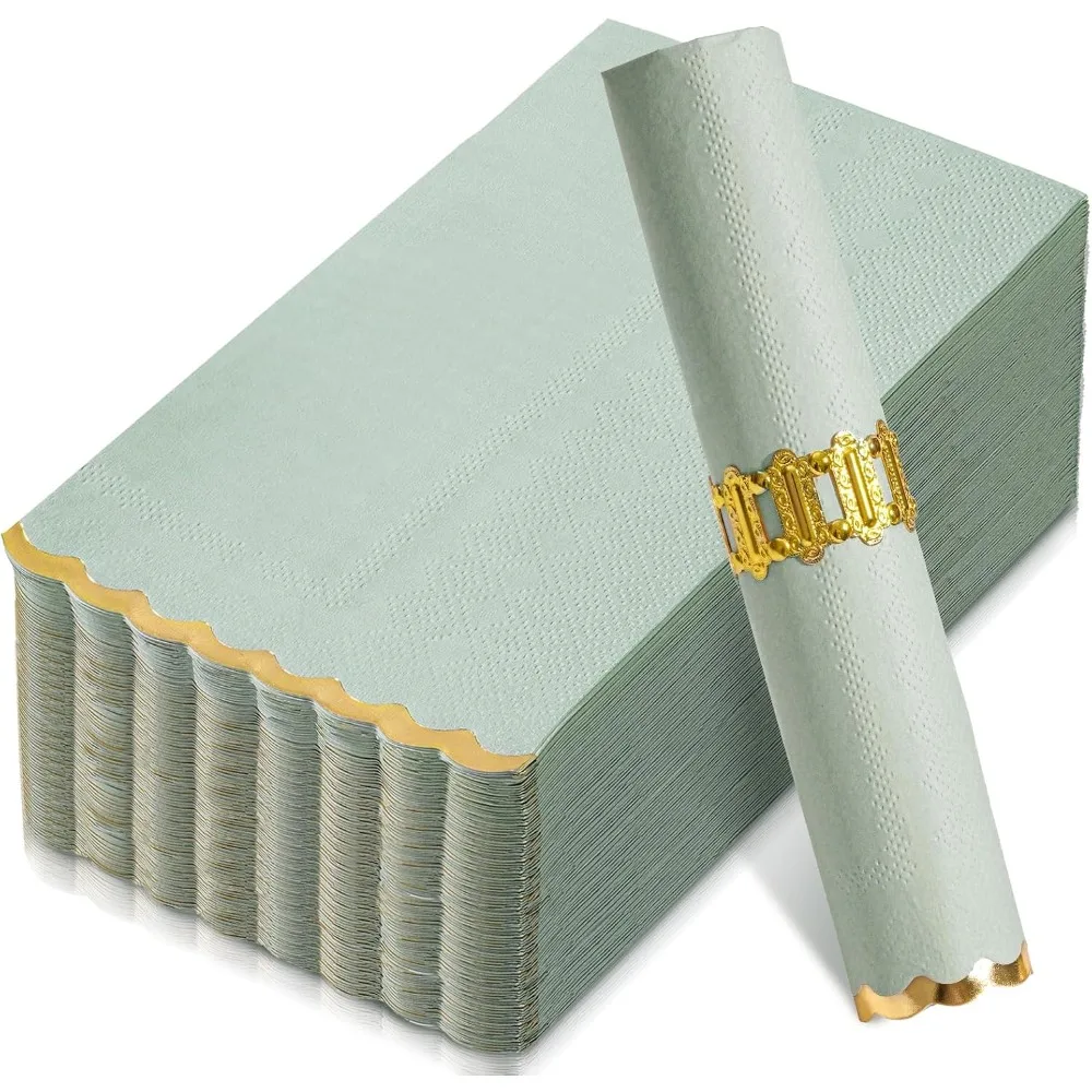 

50 Sage Green Paper Napkins Decorative, Gold Foil Scalloped Edged Guest Napkins Disposable, Dinner Napkins For Wedding, Shower B