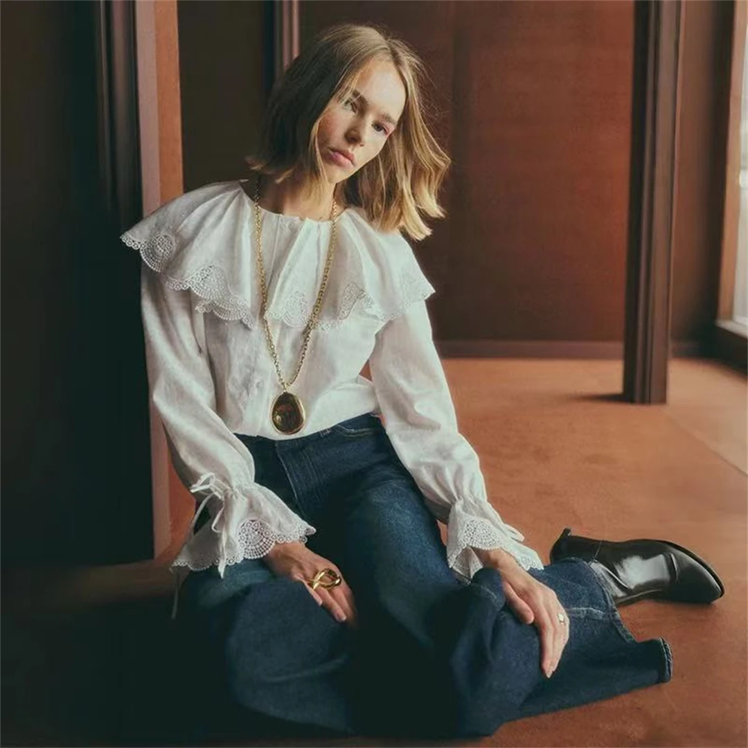 

Paris Seza Romantic Lace Trim Hollow out Flared Sleeve Shirt Pure Cotton Breathable Long Sleeve Women's Casual Shirt