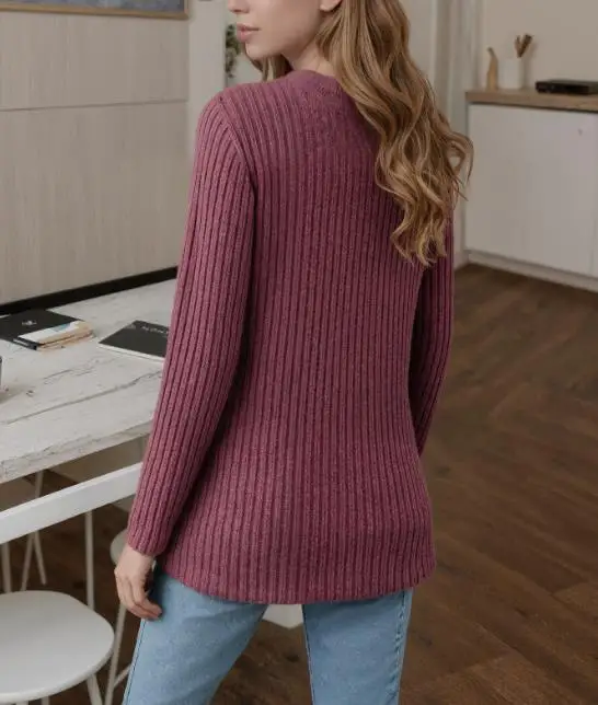 

Top Women 2025 Spring Autumn New Solid Color Round Neck Long Sleeved Base Shirt Casual Pit Stripe Brushed Knitted Sweater