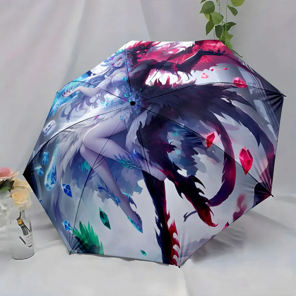 1PC Fantasy Character Design Umbrella with Dual-Tone Wing Art Print 8 Iron Ribs Folding Umbrella Auto-Open Fashion Sunshade