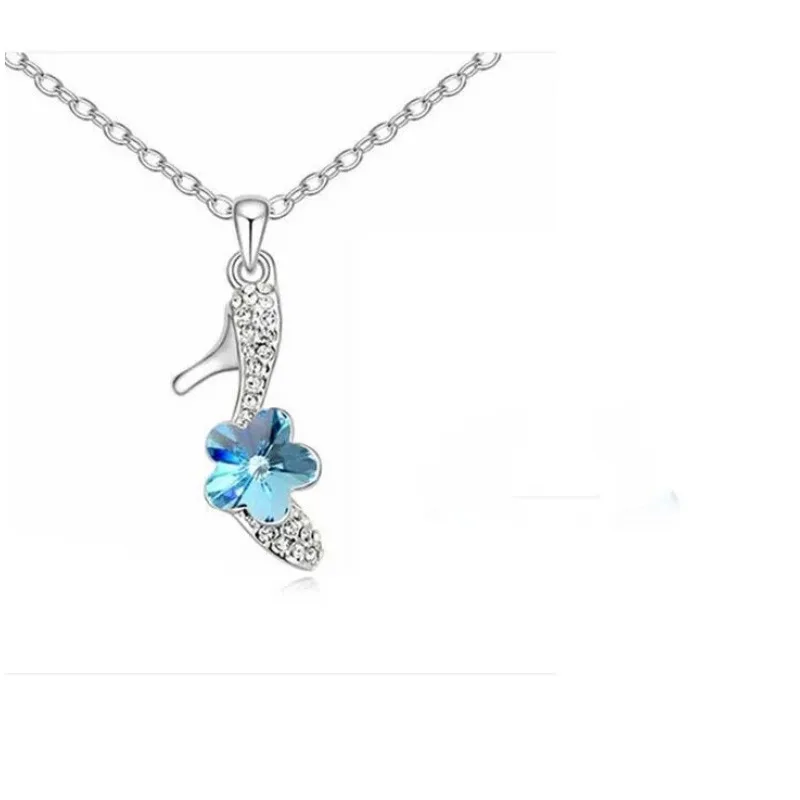 New Sale Women High-Heel Lake Blue Crystal Silver Pendant Necklace Jewelry gift